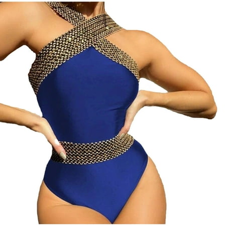 HTNBO Women s Swimsuits Sexy Swimwear Solid Color Splicing Beachwear Thong Bikini Swimsuit Blue S
