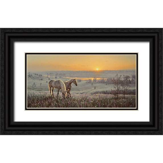 Adamov, Alexey 14x9 Black Ornate Wood Framed with Double Matting Museum Art Print Titled - Horses by Sunrise