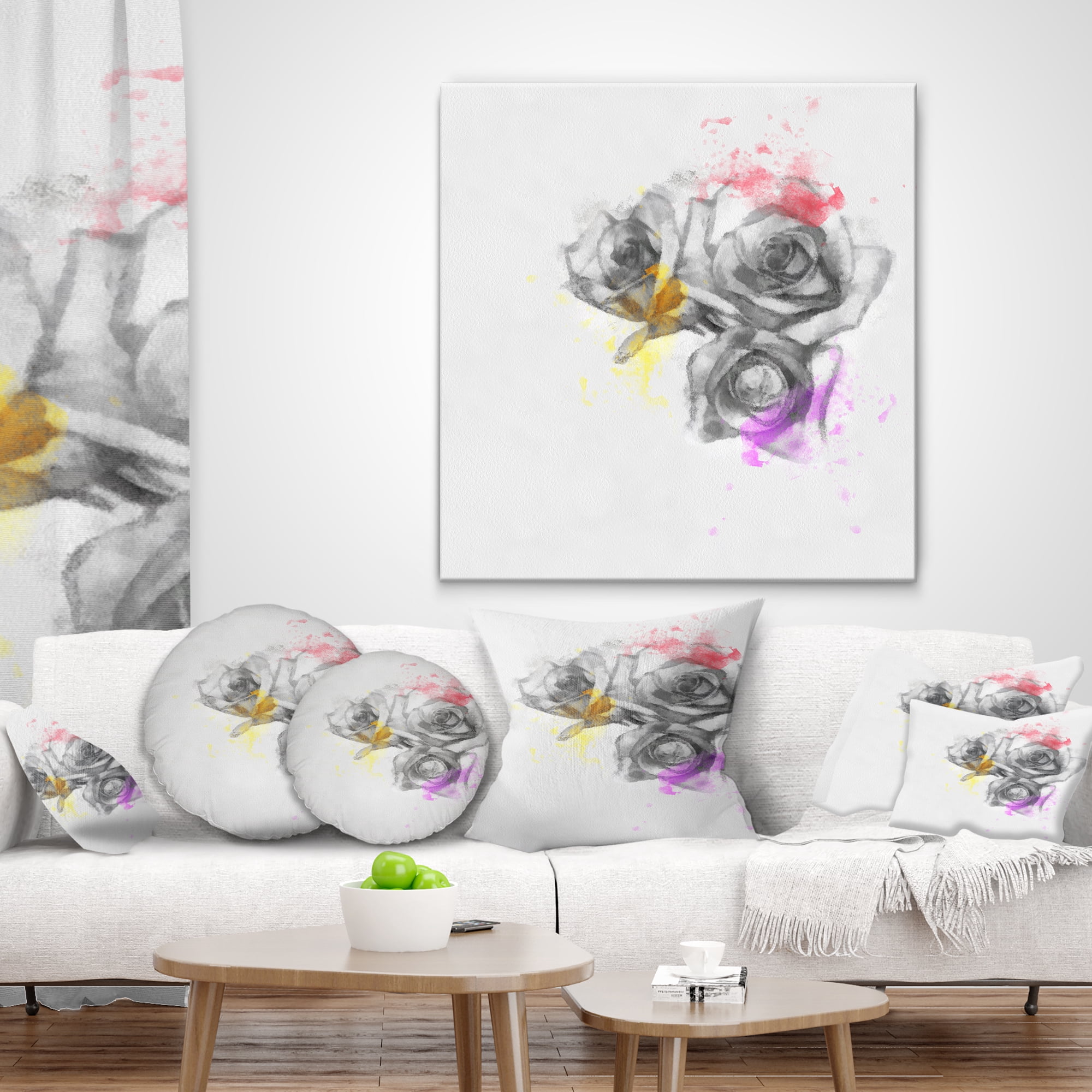 Designart Black White Watercolor Rose Sketch - Floral Throw Pillow - 18x18