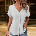 thumbnail image 2 of LNWUY Women's T Shirts Solid Color V Neck Button Down Short Sleeve Roll Up Blouses Lightweight Comfy Summer Dressy Tunic Tees Tops White XL, 2 of 9