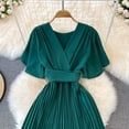 thumbnail image 2 of YM YOUMU Women Faux Wrap V Neck Flutter Short Sleeve Tie Waist Elegant Pleated Midi Flowy Party Dress, 2 of 3
