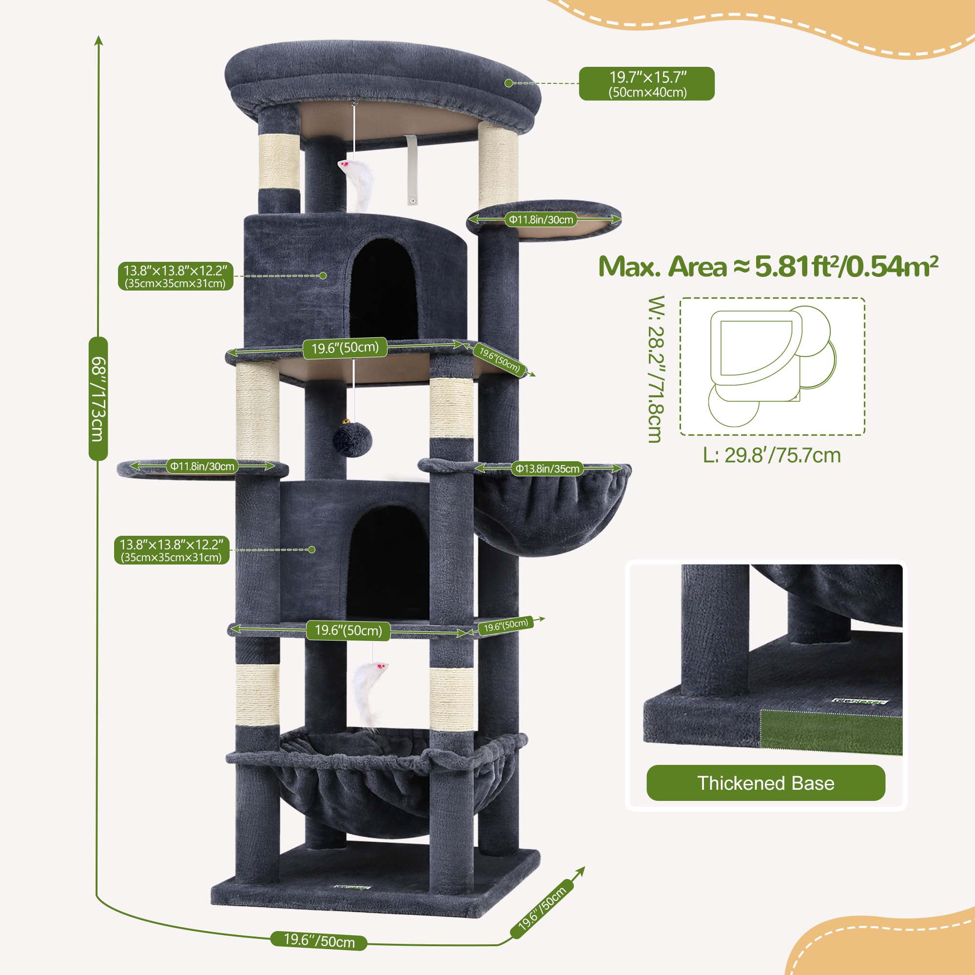Globlazer 68" XL Corner Large Cat Tree Tower Condo with 6 Sisal Scratching Posts, 2 Condos, Hammock & Hanging Basket, Dark Gray