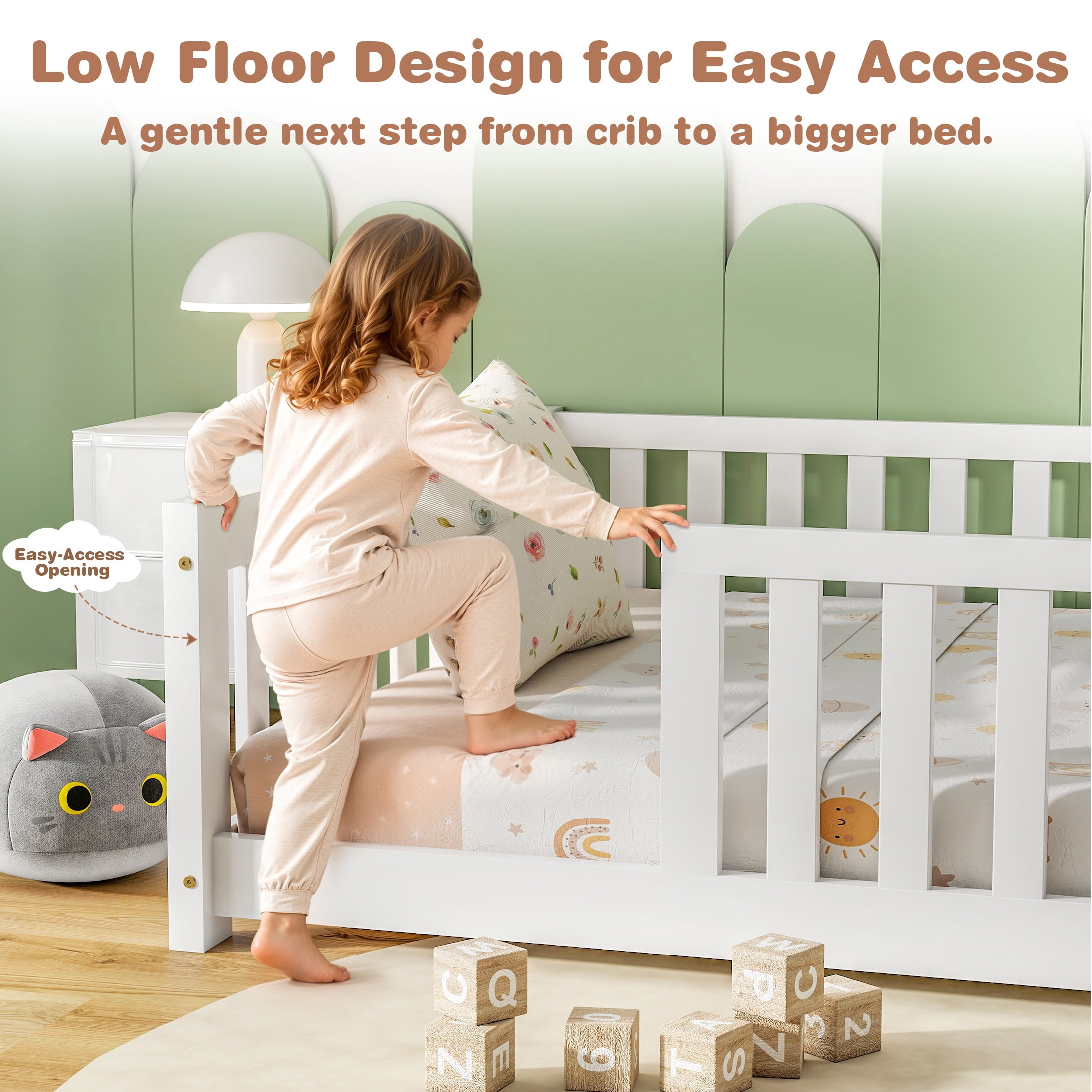 Sesslife Twin Montessori Floor Bed, Wood Twin Size Floor Bed Frame with Safety Guardrails and Slats, Low Profile Toddler Bed for Kids Boys and Girls, No Box Spring Needed, White
