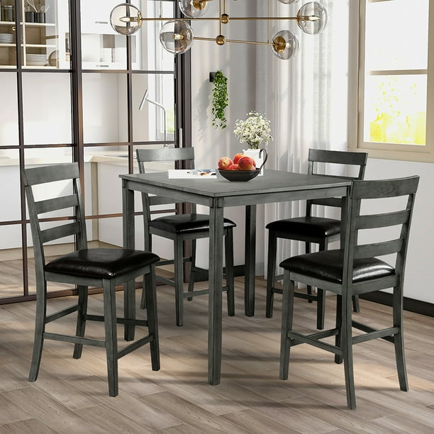 Hommoo Modern 5 Piece Dining Table Set, Wooden Square Counter Height Kitchen Table and 4 Chairs 