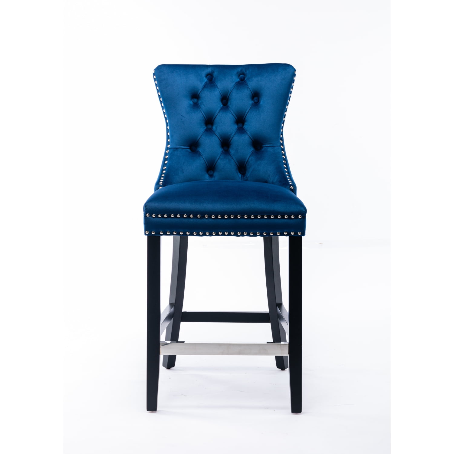 Set of 2 Upholstered Blue Velvet Bar stool with Solid Wood Legs