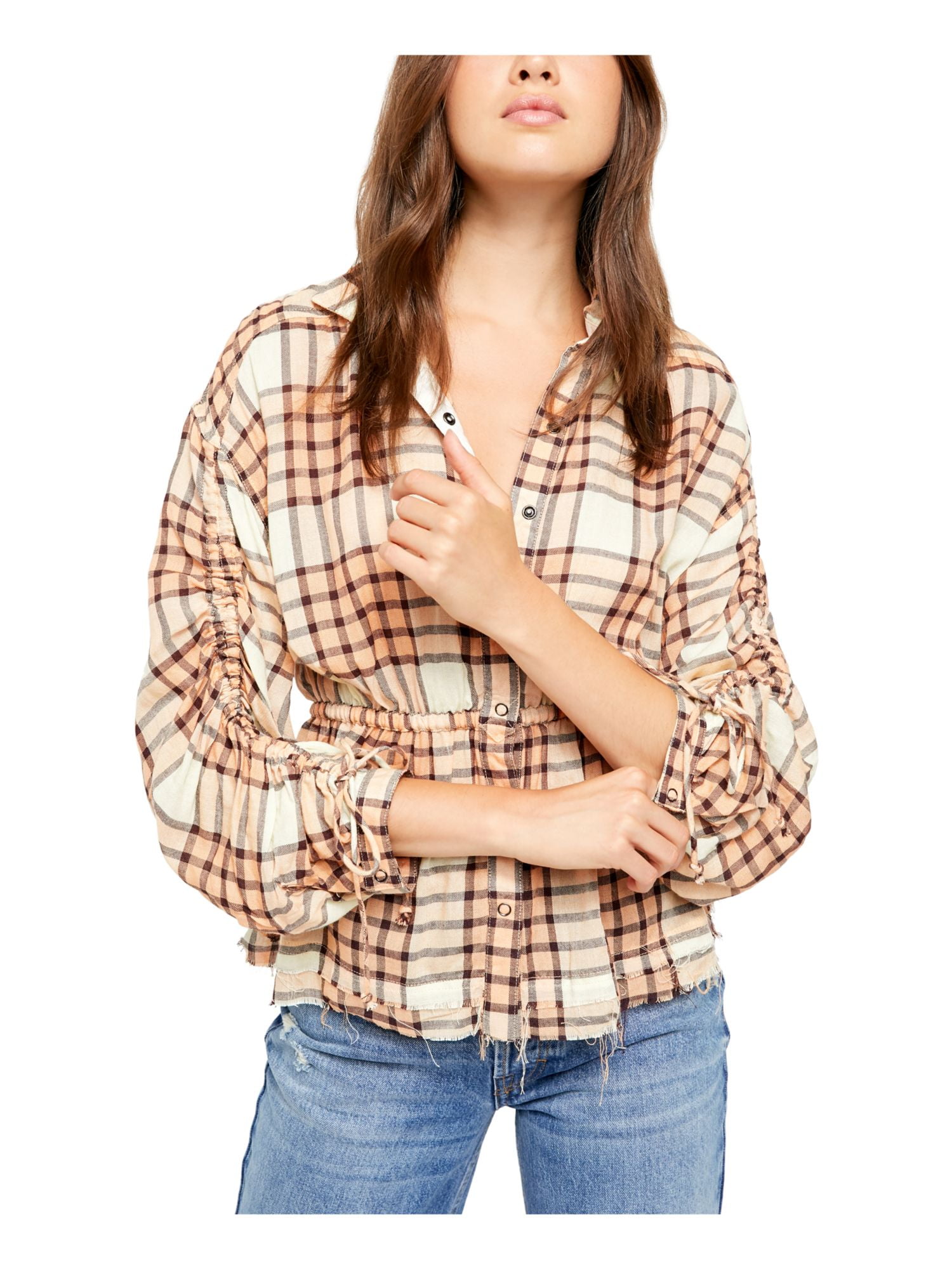FREE PEOPLE Womens Beige Plaid 3/4 