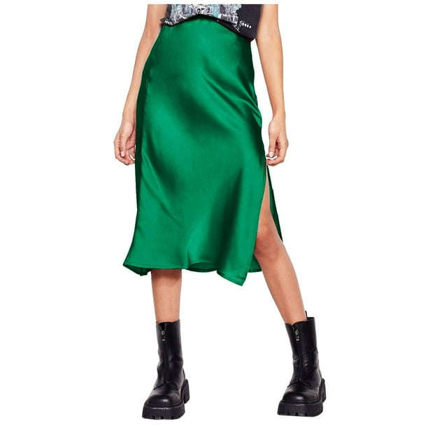 Falda de satén de cintura alta para mujer - Minifalda evasé con cintura elástica y cremallera - Elegante para fiestas/oficina - Tejido de satén S-XL