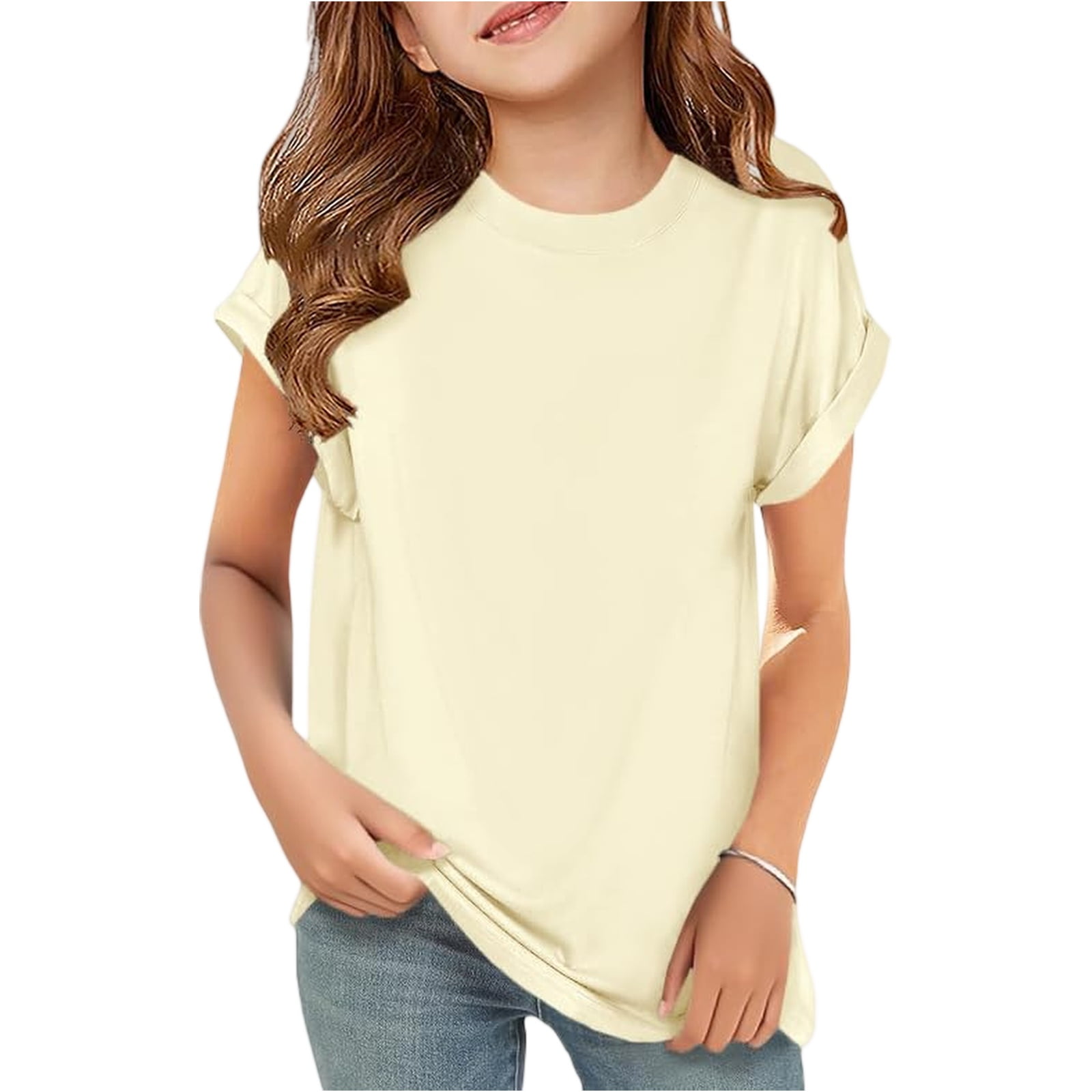 Abcomgle Girls Top 7-16 Crewneck Curve Hem Tshirts Toddler Summer Short Sleeve Toddler Girls T-Shirts Soft Cotton Toddler Tops Girls Beige 12-13Years