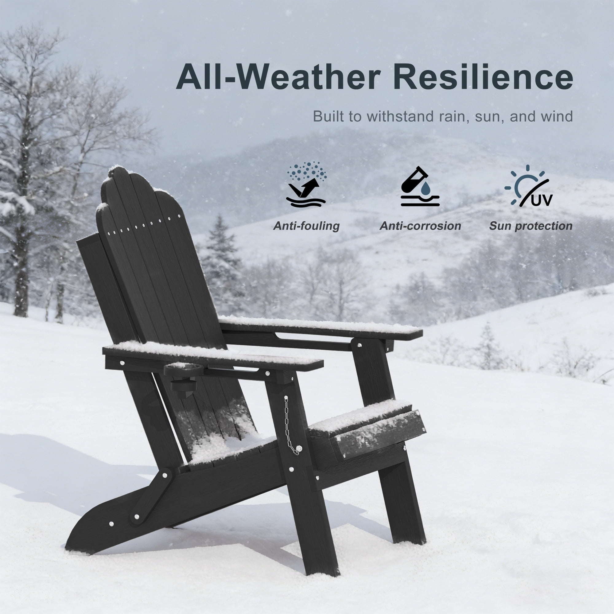 ACEGOSES Foldable Outdoor Adirondack Chair Set of 2 with Cup Holder,Weather Resistant HDPE Plastic for Patio, Fire Pit, Deck, Black