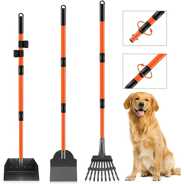 3 Pack Adjustable Long Handle Dog Pooper Scooper with Metal Tray Rake