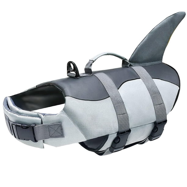 Chaleco salvavidas para perros Chaleco de seguridad para perros preservador ajustable con alta flotabilidad y mango de rescate duradero para perros pequeños, medianos y grandes, tiburón gris M