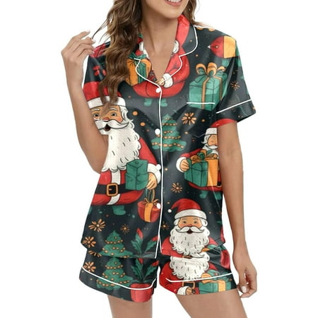 JIANJIA Womens Pajama Sets Christmas Santa Print Silk Satin Lapel Short Sleeve Tops With Shorts Sleepwear Daily-Wear