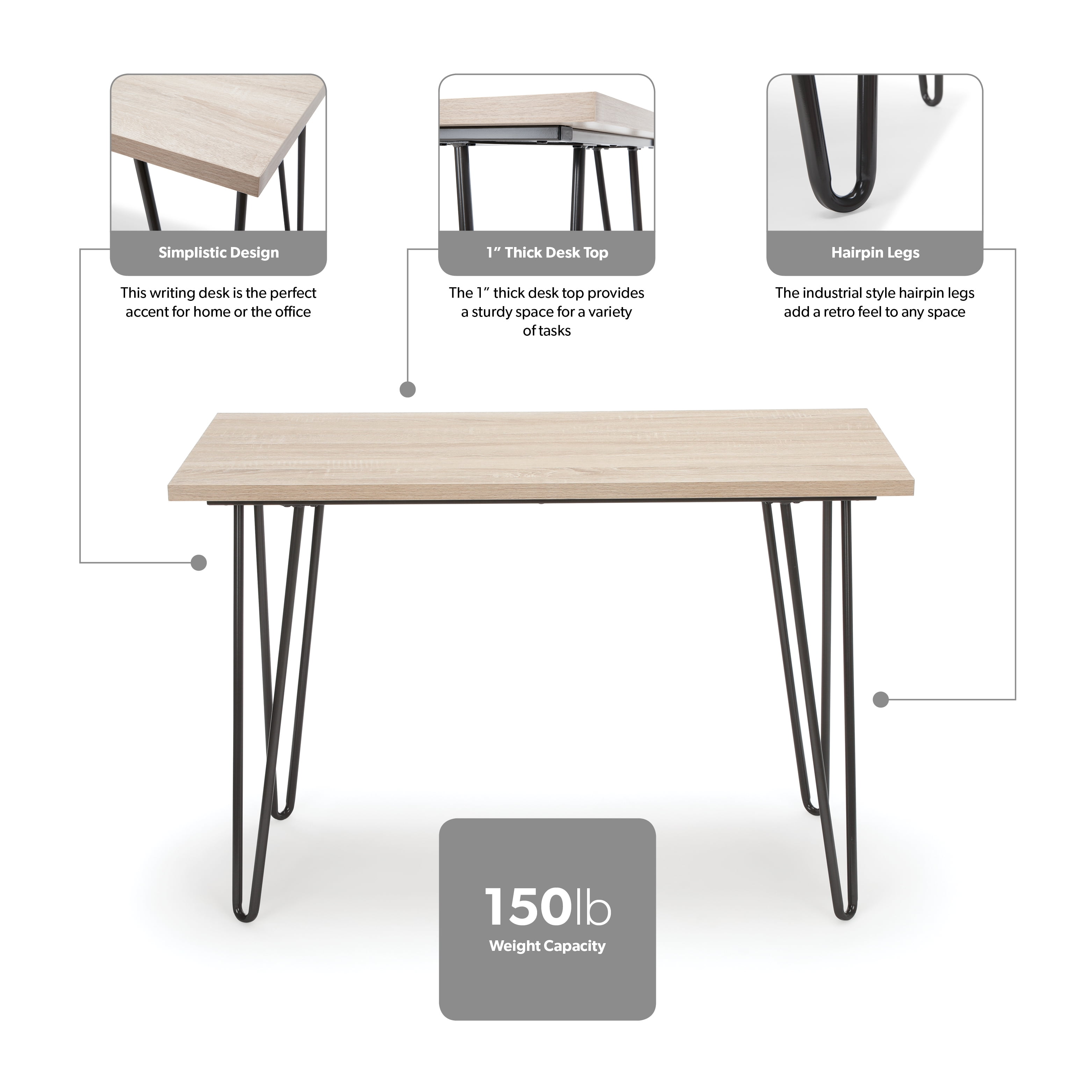 OFM Essentials Collection 44" Home Retro Desk, Writing Desk with Hairpin Legs, in Gray/Natural (ESS-1054-GRY-NAT)