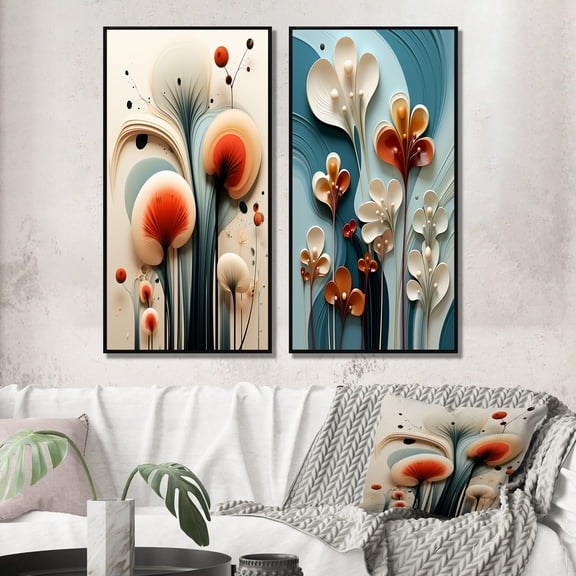 Designart "Teal Background Contemporary White Flower IV" Abstract Botanicals Framed Wall Art Set Of 2 - Modern Blue Framed Wall Art Set Of 2