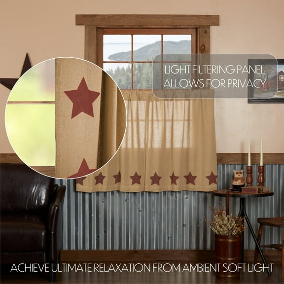 VHC Brands Burlap Natural with Burgundy Stars Primitive 36"x36" Tier Pair Tan Rod Pocket Stenciled Cotton Kitchen Window Curtains