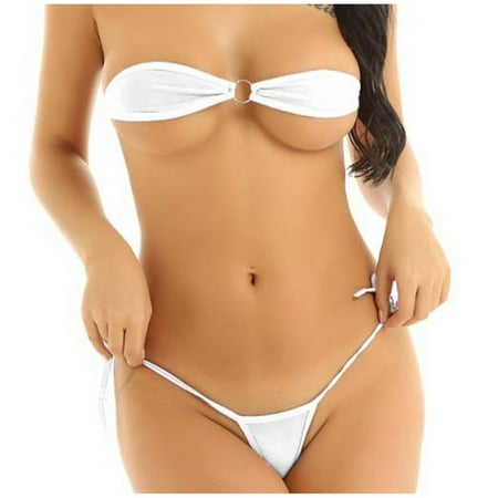 UTSJKR Women s Solid 2 Pieces Bikini Set Self-tie Bandeau Tube Bra Top and Tie Sides Trendy Thongs Swimsuit White 6