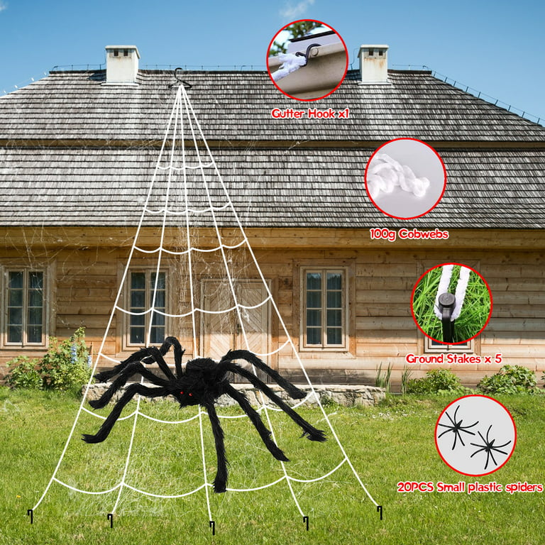 Halloween Spider Webs Decorations, 50'' Light-up Giant Spider + 275'' Giant  Triangular Spider Web + 100g Stretch Cobwebs for Halloween Decorations