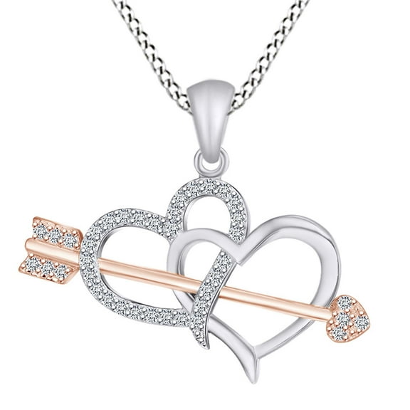 AFFY Sparkling White Cubic Zirconia Two Tone Double Heart Arrow Pendant Necklace in 14k White Gold Over Sterling Silver with 18" Chain