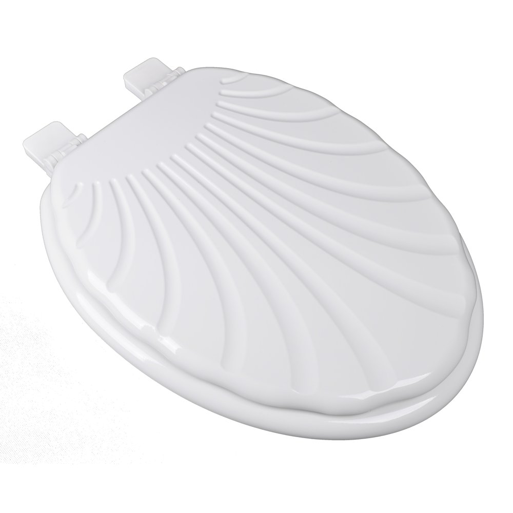 BathDecor White Sculpted Seashell Molded Elongated Wood Toilet Seat