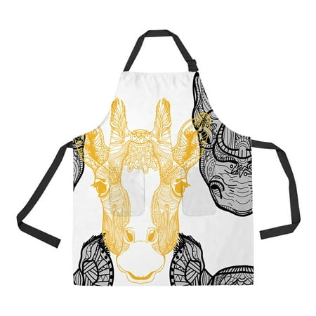 

ECZJNT African animals rhinoceros giraffe Doodling mandala Adjustable Bib Kitchen Apron with Pockets for Women Men