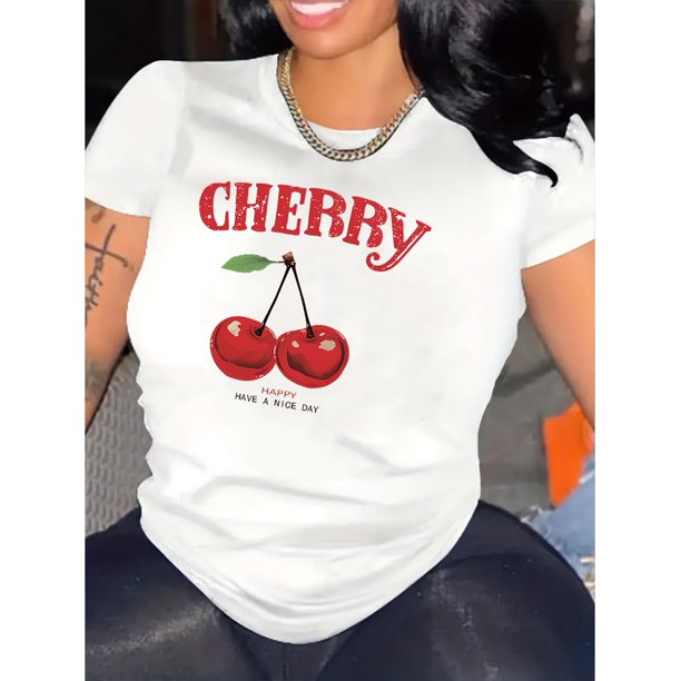 Women'S Casual Cherry Print T-Shirt, Crew Neck Short Sleeve Top, 100% Cotton Knit Fabric, All Season Comfort Fit