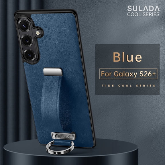 Phone Case for Samsung Galaxy S26 Plus, PU Leather Cover and Wrist Strap Kickstand Wristband Holder Stand Ring Silicone Protective Cell Accessories for S26 Plus for Women Men - Darkblue