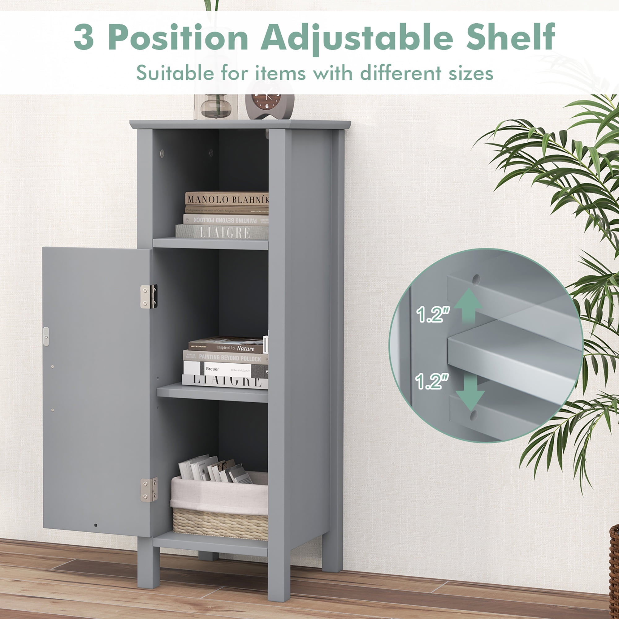 Gymax Bathroom Storage Organizer Narrow Floor Cabinet w/ 2-Tier Cabinet Open Compartment Gray