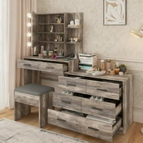 Zimtown Makeup Vanity Table with Adjustable Lights & Charging Station, Vanity Desk with Mirror, Large Dressing Table with 2 Storage Cabinets, Gray