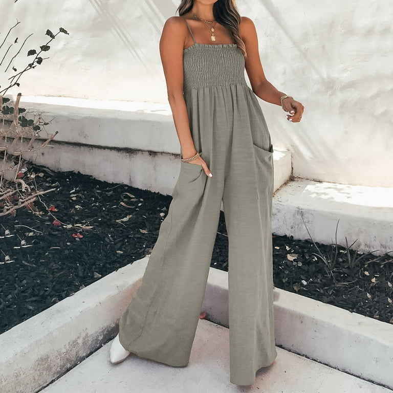 Womens Fall Romper with Sleeves Women s Loose Casual V Neck Sleeveless Jumpsuits Adjustable Spaghetti Straps Onesie Harem Long Pants Overalls With