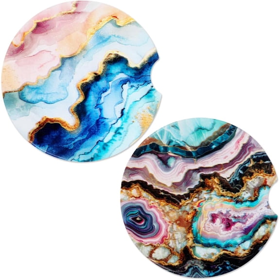3D Flower Ceramic Drinks Coaster 2Pack, Car Coaster for Cup Holders with Absorbent Cork Base and Finger Notch, Car Decorations Automotive Interior Accessories Gifts for Women 2.56"