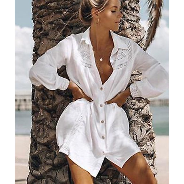 Traje de baño de mujer Cubrir Ups Manga mandarina Kaftan Beach Túnica Vestido Robe De Plage Blanco sólido Pareo Beach Cover-ups # q429