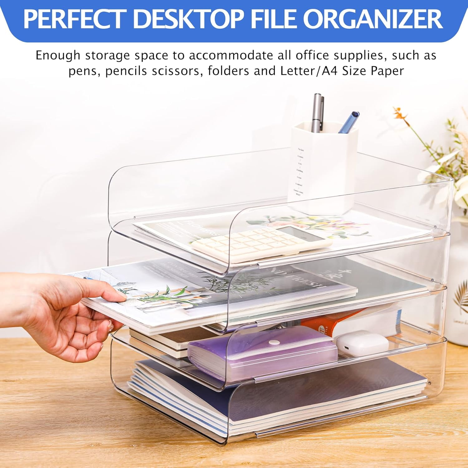 Modular Stackable Desk Organizer, Set of 4 Clear PET Letter Trays for Paper, Documents, Pens & Office Supplies - Space Saving Office Storage