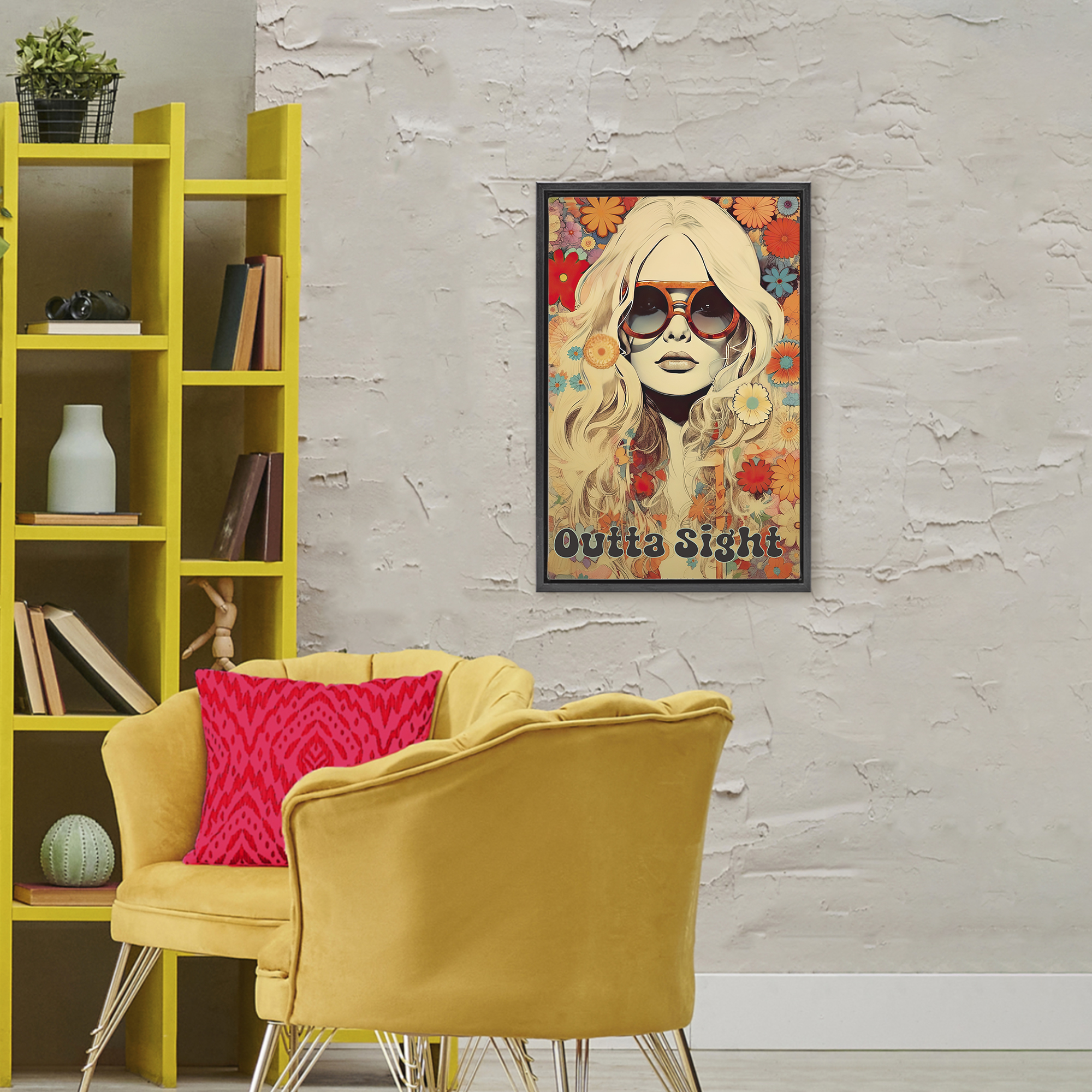 Outta Sight Hippie Girl Black Framed Floater Canvas Wall Art, design by Sasha