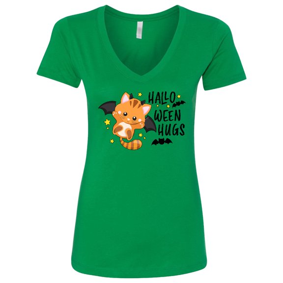 Inktastic Halloween Hugs with Cute Vampire Cat Bat Women's V-Neck T-Shirt