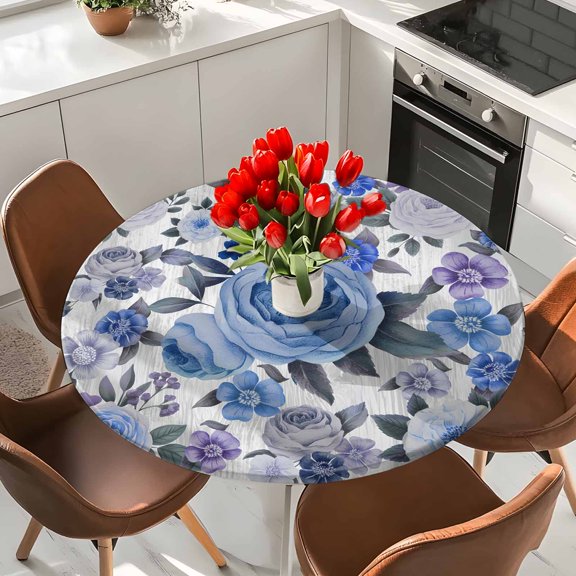 Retro Spring Flowers Elastic Fitted Round Tablecloth Farmhosue Blue Roses Wooden Waterproof Outdoor Table Cover for Holiday Party, Picnic, Patio & Dining Fits Tables Up to 55"-60"