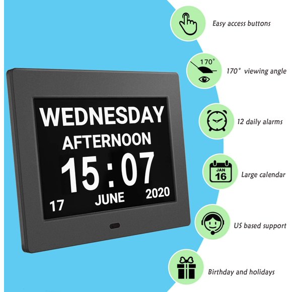 Digital Calendar Alarm Day Clock - with 8" Large Screen Display, am pm, 5 Alarm, Dementia Clocks for Alzheimers Sufferers Elderly Seniors Memory Loss Impaired, for Desk, Wall Mounted（Black）