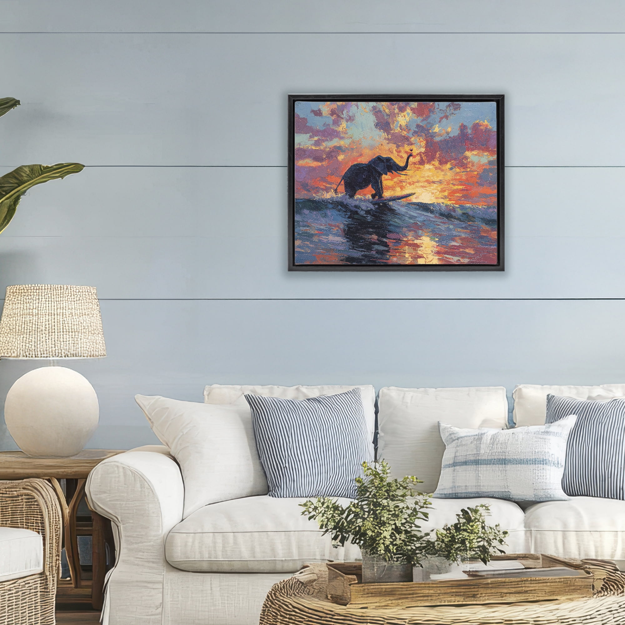 Sunset Surf Elephant Black Framed Floater Canvas Wall Art, design by Ziwei Li