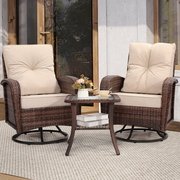 LOGYAT 3-Piece Swivel Wicker Patio Furniture Set, All-Weather Resin Rattan Chairs with Washable Cushions, Tempered Glass Top Side Table for Porch Deck Balcony, Beige Cushions