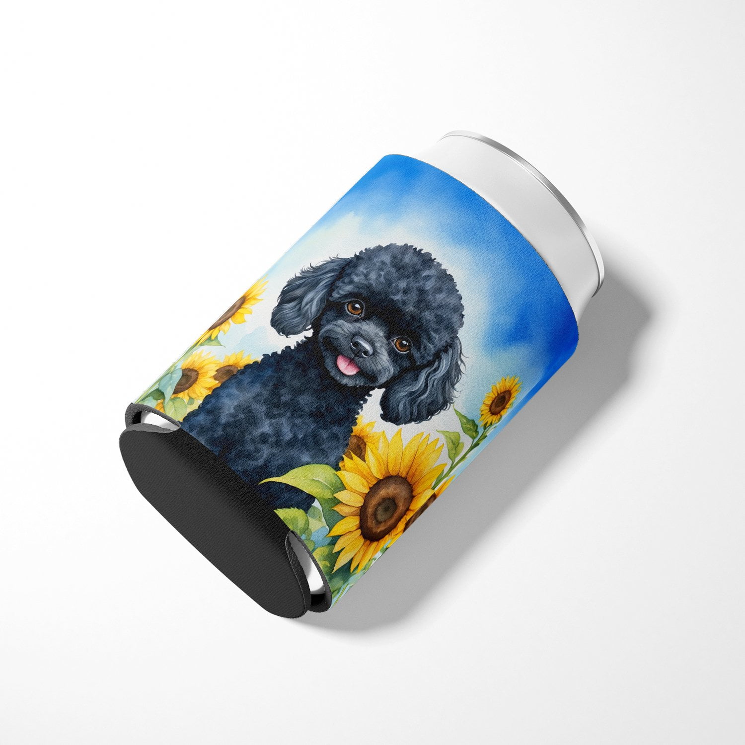 Black Poodle in Sunflowers Can or Bottle Hugger 3 in x 5 in