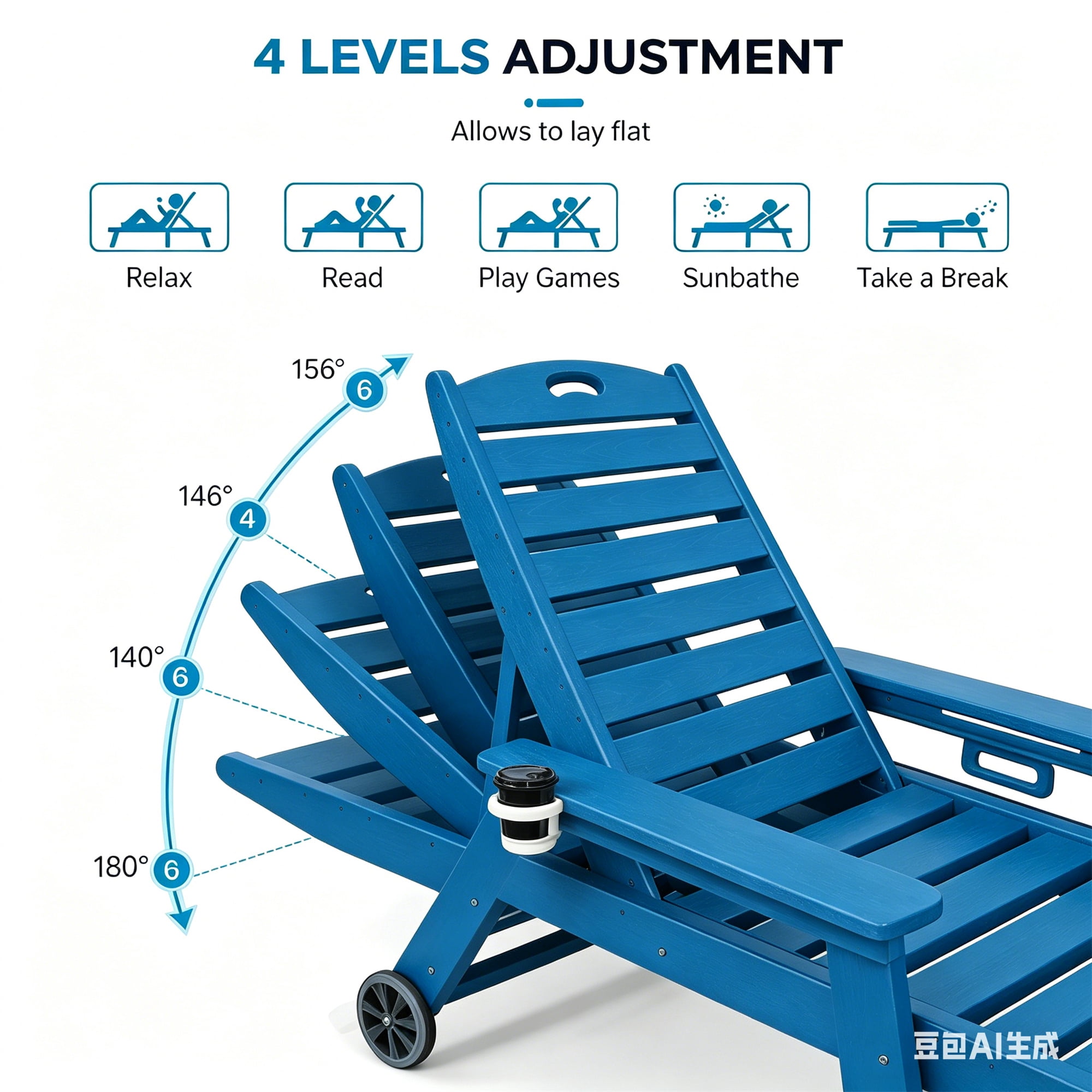 Aukfa HDPE Outdoor Patio Chaise Lounge Chair w/ Cup Holder&Wheels, 360 LBS Capacity, Blue