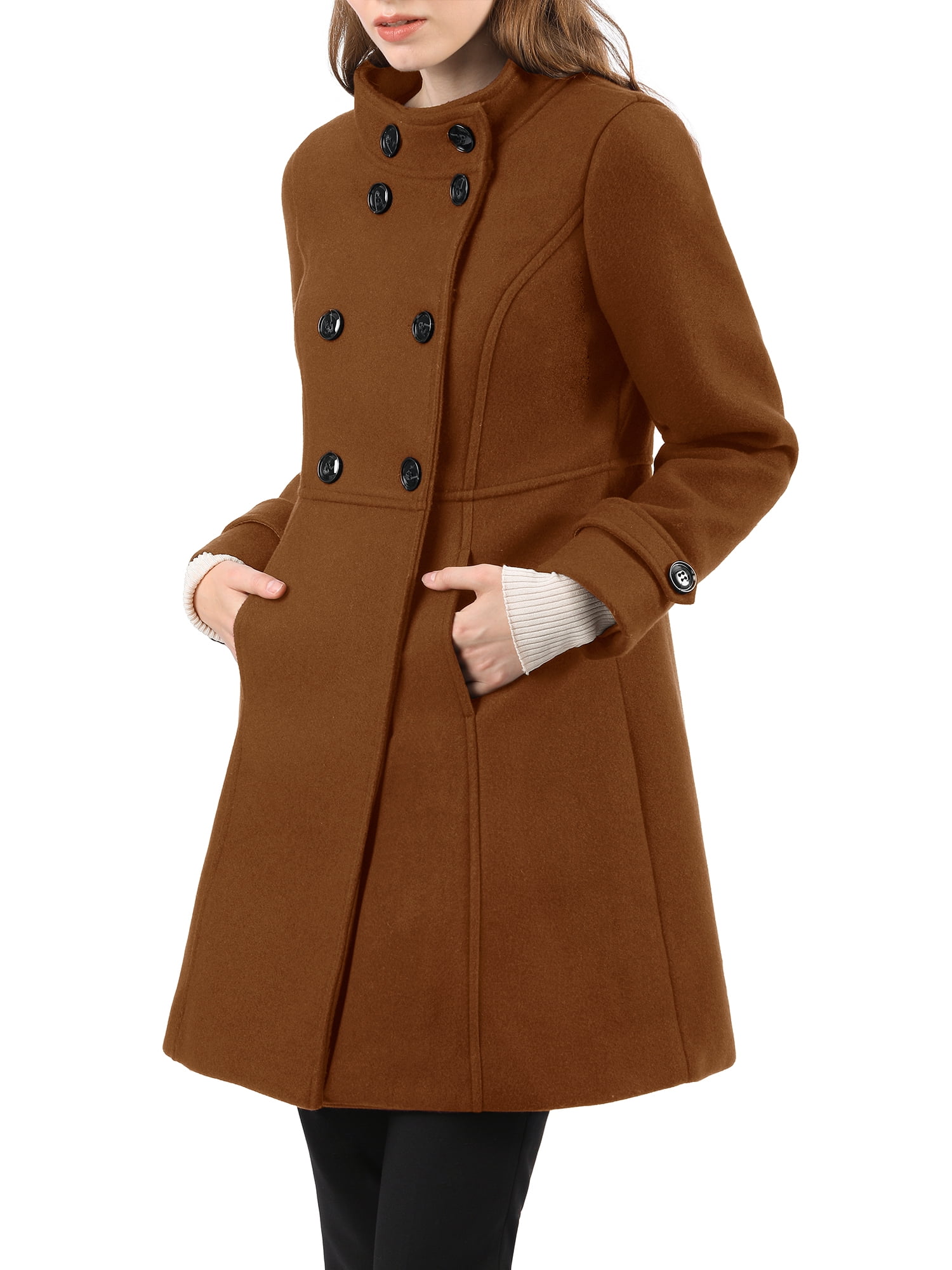 Allegra K Women's Stand Collar Long Sleeves Double Breasted Trendy Winter  Coat 