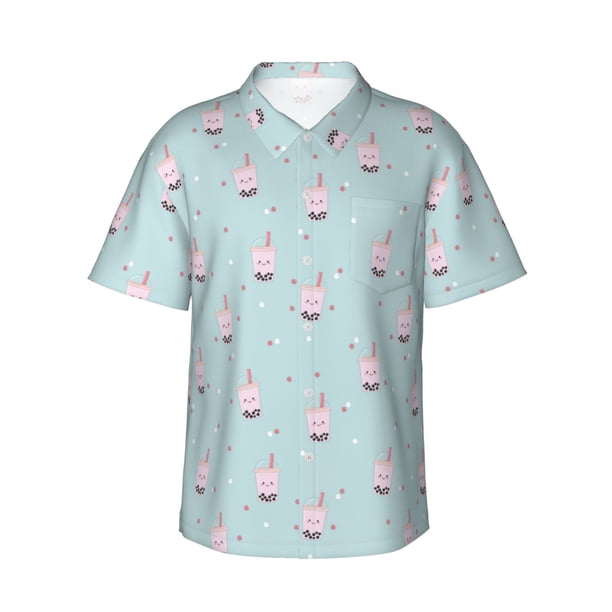 Balery Milk Tea Camisas hawaianas de manga corta para hombre, camisas playeras de corte holgado, camisas de vacaciones con botones,Small