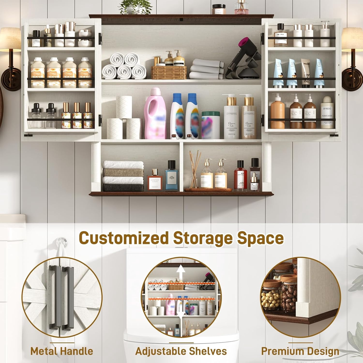 Farmhouse Wall Medicine Cabinets with 2 Barn Doors, Wood Bathroom Storage Cabinet with Roman Column Decor,Farmhouse Double Storage Cabinets with Adjustable Shelf & Door Cabinets, Rustic White