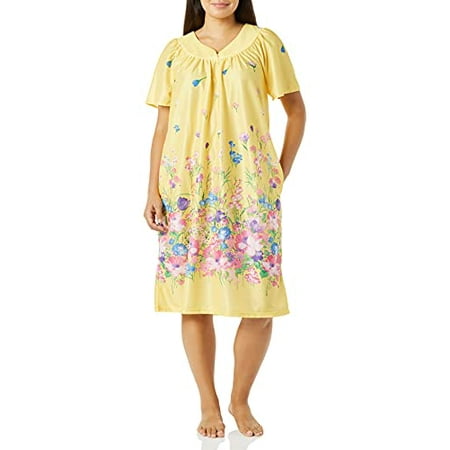 

AmeriMark Women’s Lounger House Dress - Short Sleeve Patio Dress w/Side Pocket Yellow Multi Border MD