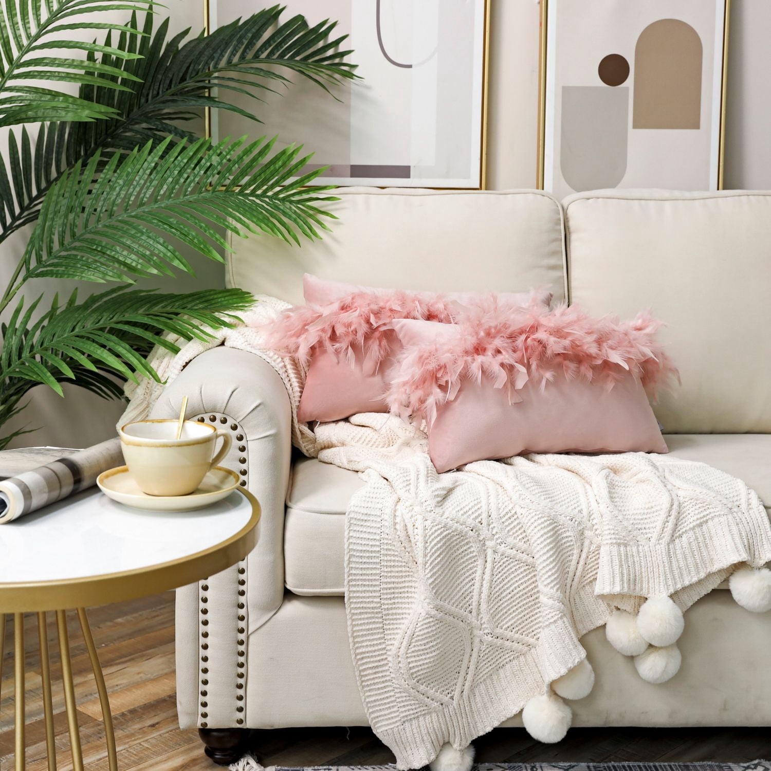 Phantoscope Feather Velvet Decorative Throw Pillow, 12 x 20 in, Light Pink, 1 Pack