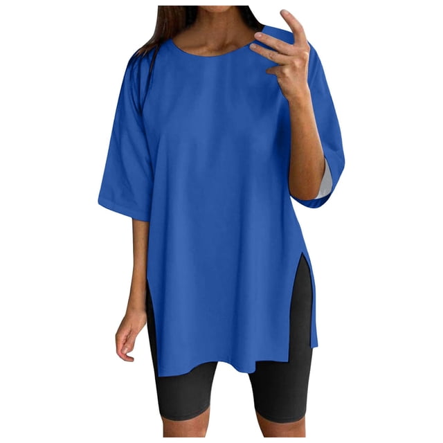 WEIYLL Ladies T Shirts Oversize Sports Summer Solid Tunic Loose With Slits Blue Tees Sizes XXL