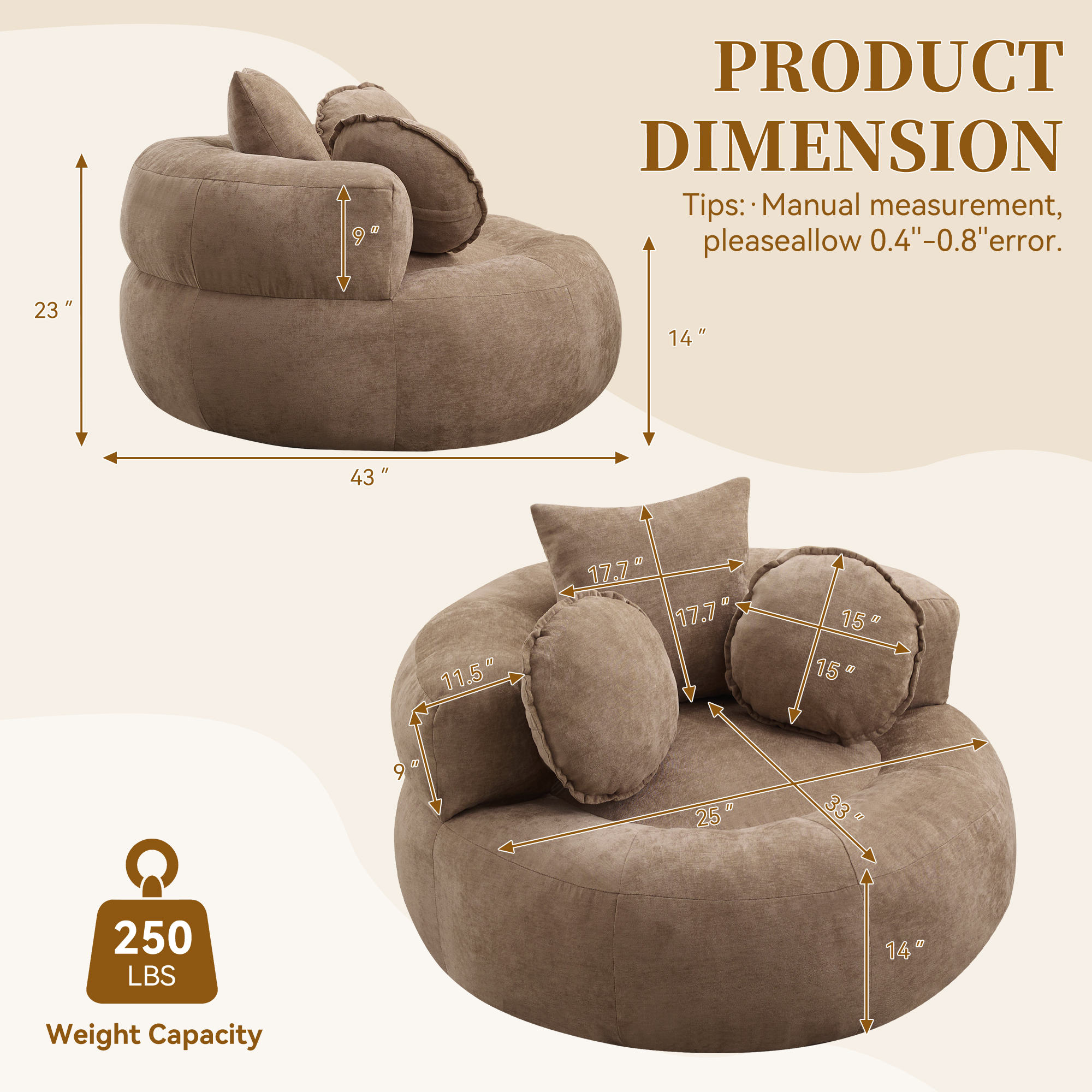 43'' Round Oversized Chaise Lounge Indoor Chair, No Assembly Chenille Compressed Circle Sofa Bed,Comfy Upholstered Sleeper Couch,Lazy Bean Bag Couch for Living Room, Bedroom,Brown