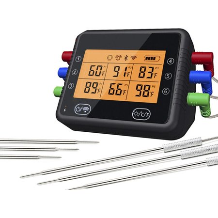 

Wi Fi & Bluetooth Digital Bbq Grill Thermometer Rechargeable Wireless Meat Bbq Thermometer For 4/6 Probes Temp Alarm