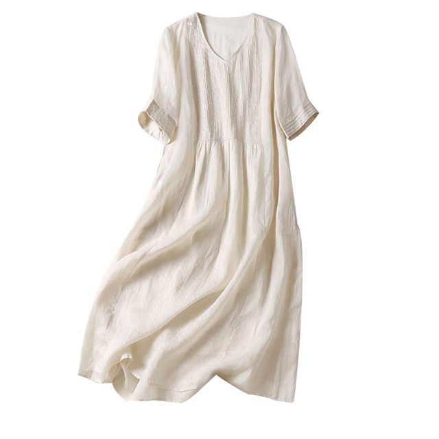 CHOK Robe Ample en Lin pour Femmes Plissée devant Col en V Manches Courtes Robe Midi Ample Couleur Unie Plage Été Robe d'Été (TG Violet)