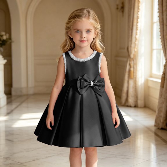 Dresses for Girls Bow Detail Sleeveless Crewneck Party Evening Dress Elegant Adorable Special Kids Overall Dress Size 100